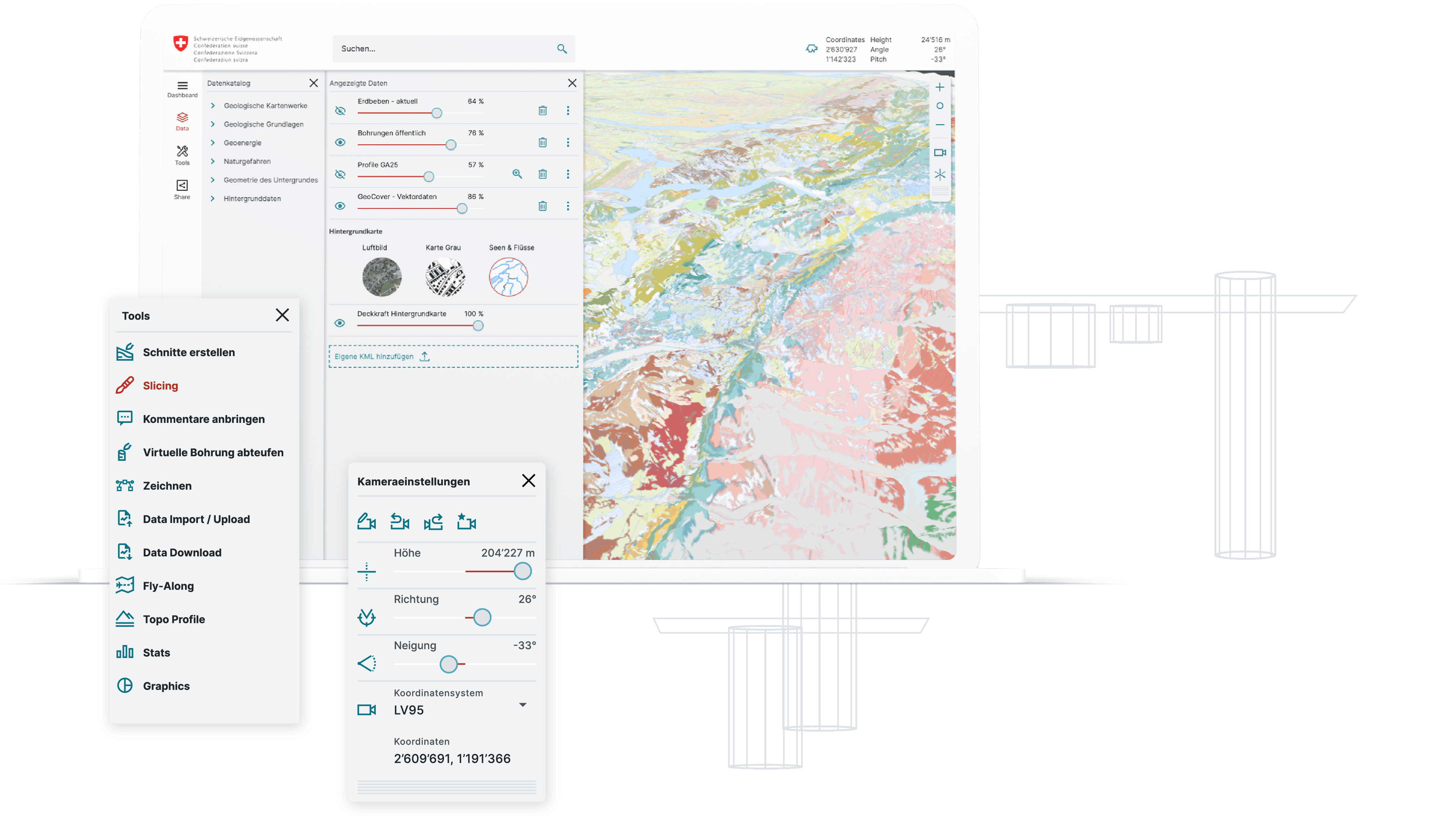 3D-Untergrundviewer zur Darstellung von Daten unterhalb der Erdoberfläche und Kombination mit anderen Georeferenzdaten. Einfacher Download für freie Daten. Einfache Analysemöglichkeiten, sowie Kollaborationsmöglichkeiten.