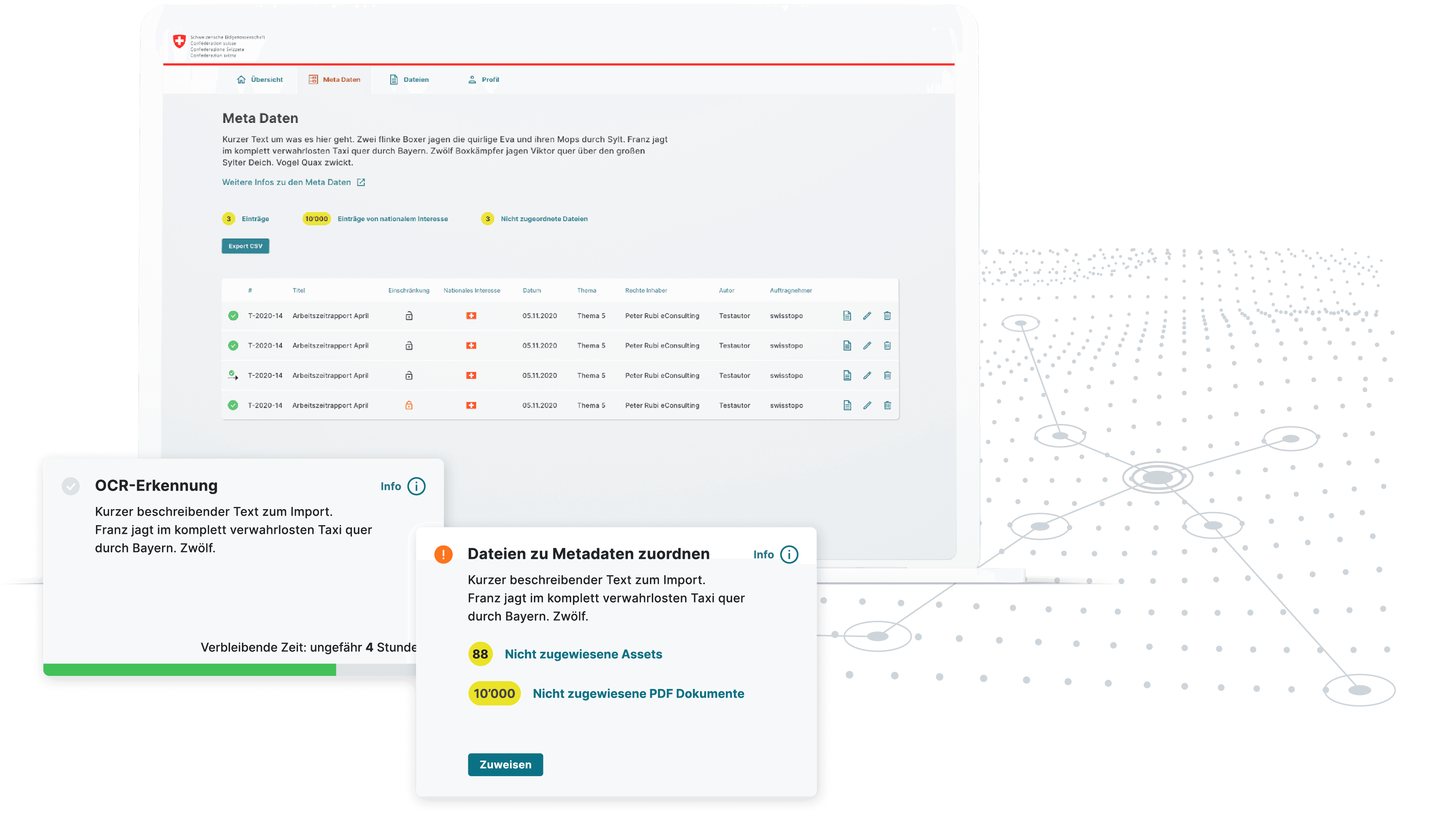 Platform to support the digitisation of geol. archives. PDFs of geol. documents could be text-recognised and downloaded for use. Documents of national importance can be made available to swisstopo.